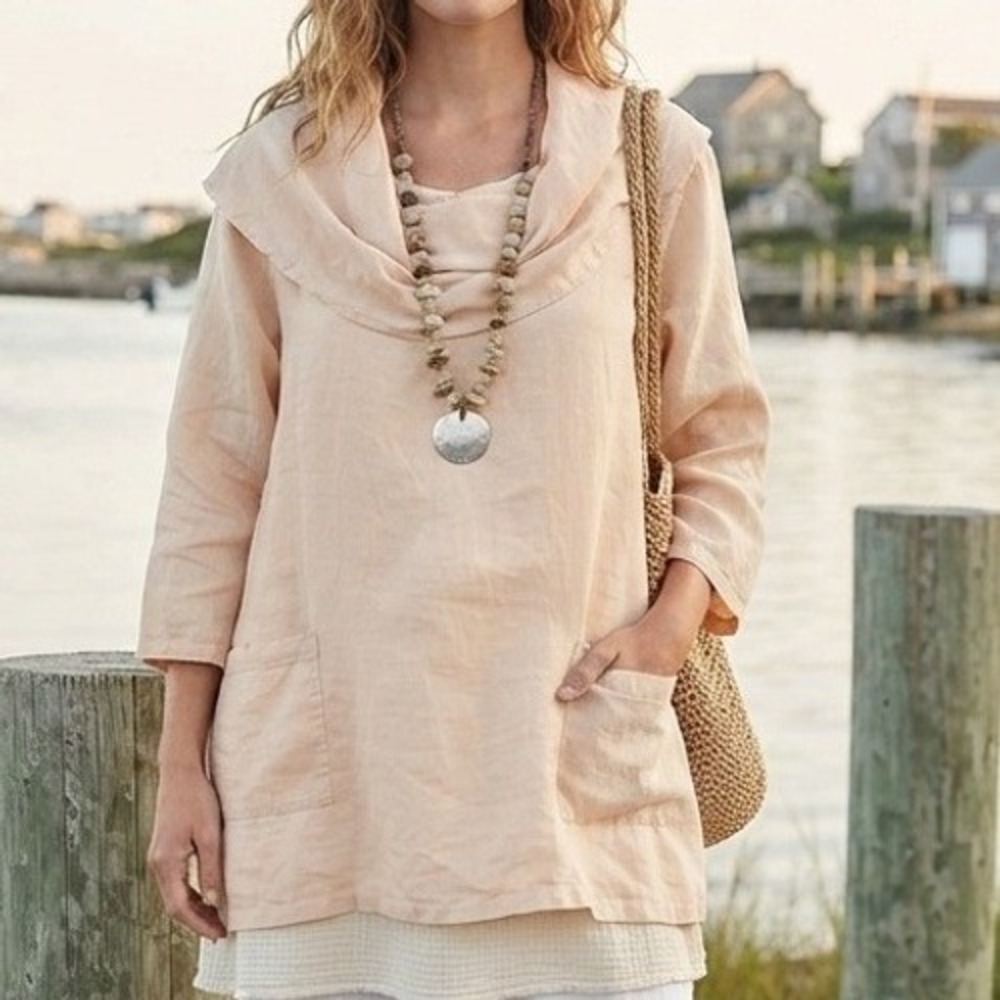 linen Cowl Neck Tunic top Pockets ivory lagenlook boho coastal minimalist